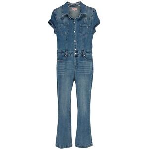 Juicy Couture Denim Jumpsuit Y2K Button Front Flare Leg Stretch Womens M